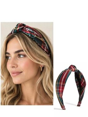 J. CREW Tartan Knot Headband Cotton Black Red Flexible and Soft